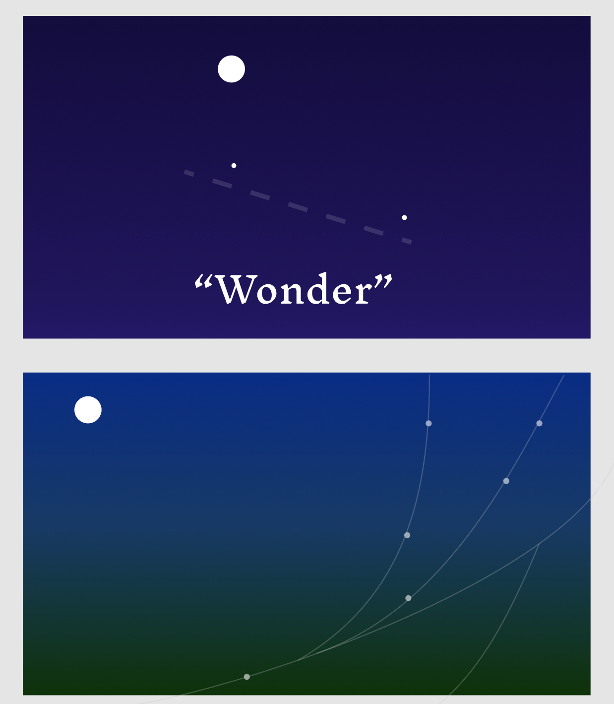 An image of a moon in the night sky above the word 'Wonder'. Another image of the moon above a backdrop that evokes early morning. Drops of dew hang from a spider web.